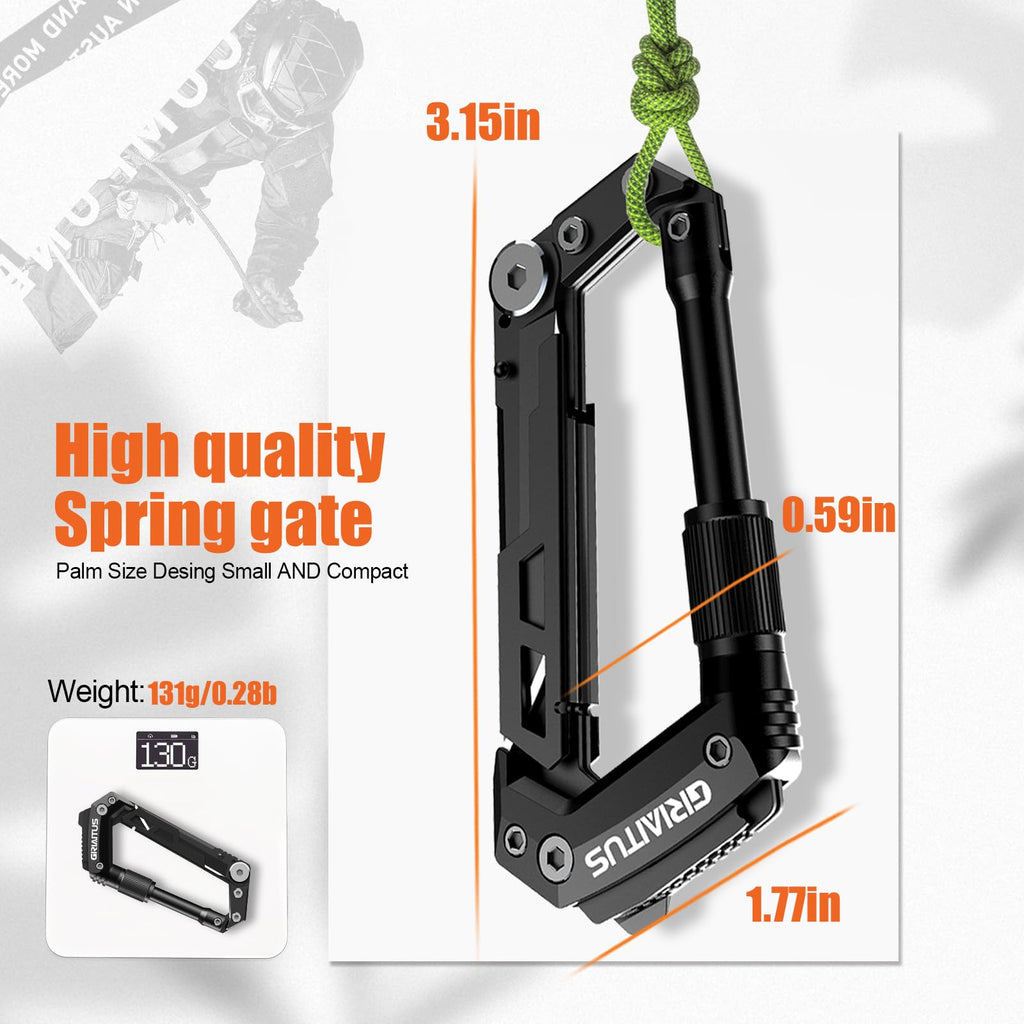 Carabiner Multitool 8-in-1 EDC Carabiners Pocket Knife, Serrated Knife, Rope Cutter, Screwdriver, Can Bottle Opener, Ruler, Survival Gear for Camping Climbing Hiking, Gifts for Men (Black)