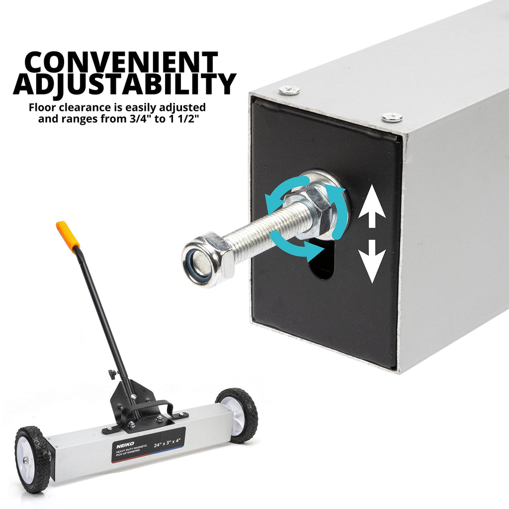 NEIKO 53416A 24” Rolling Magnetic Sweeper with Wheels, 50 Pound Capacity, Adjustable Handle & Floor Magnet Clearance Height, Metal Pick Up and Nail Magnet, Floor Sweeper for Construction, Shop, Etc.