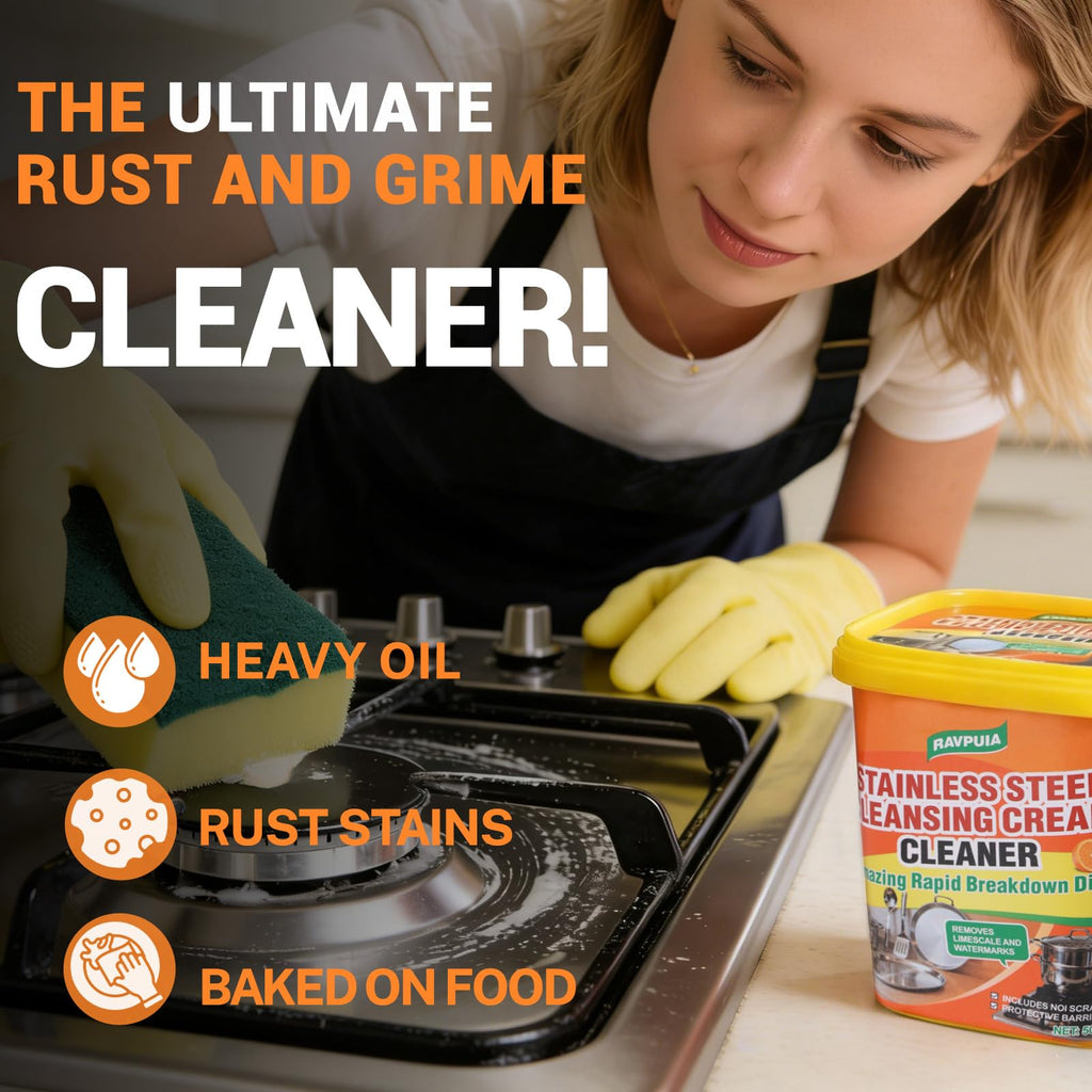 STAINLESS STEEL CLEANER & POLISH - Heavy Duty Cleaning Paste for Stove, Oven, Pans, Cookware, Sink | All Purpose Multi-Purpose Household Cleaner | Removes Grease & Stains | with 2 Sponges (500g)