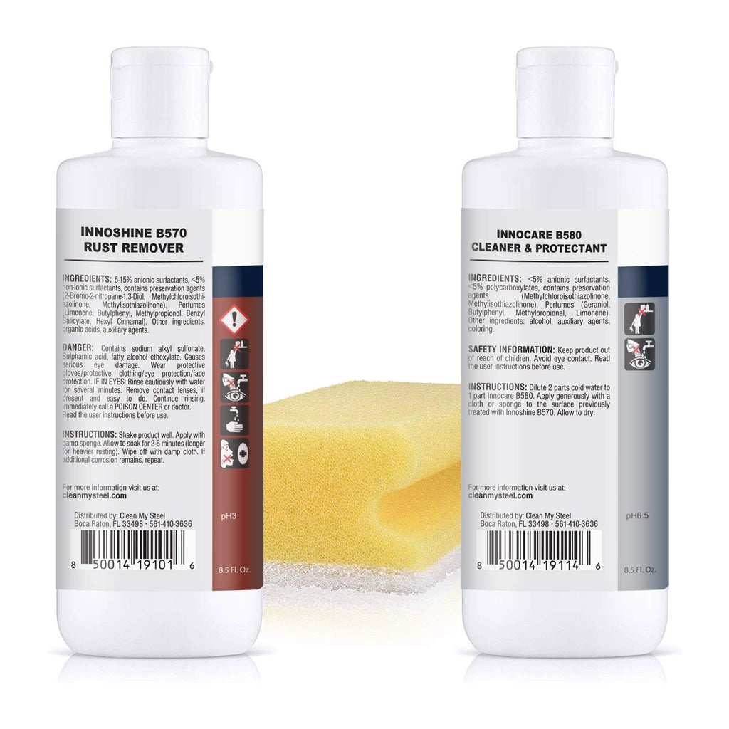 CLEAN MY STEEL Stainless Steel Rust Stain Remover & Cleaner Kit, NSF Safe for Food Areas. Includes Cleaner for Commercial Equipment, Appliances, Gloves & Sponge (8.5 oz)