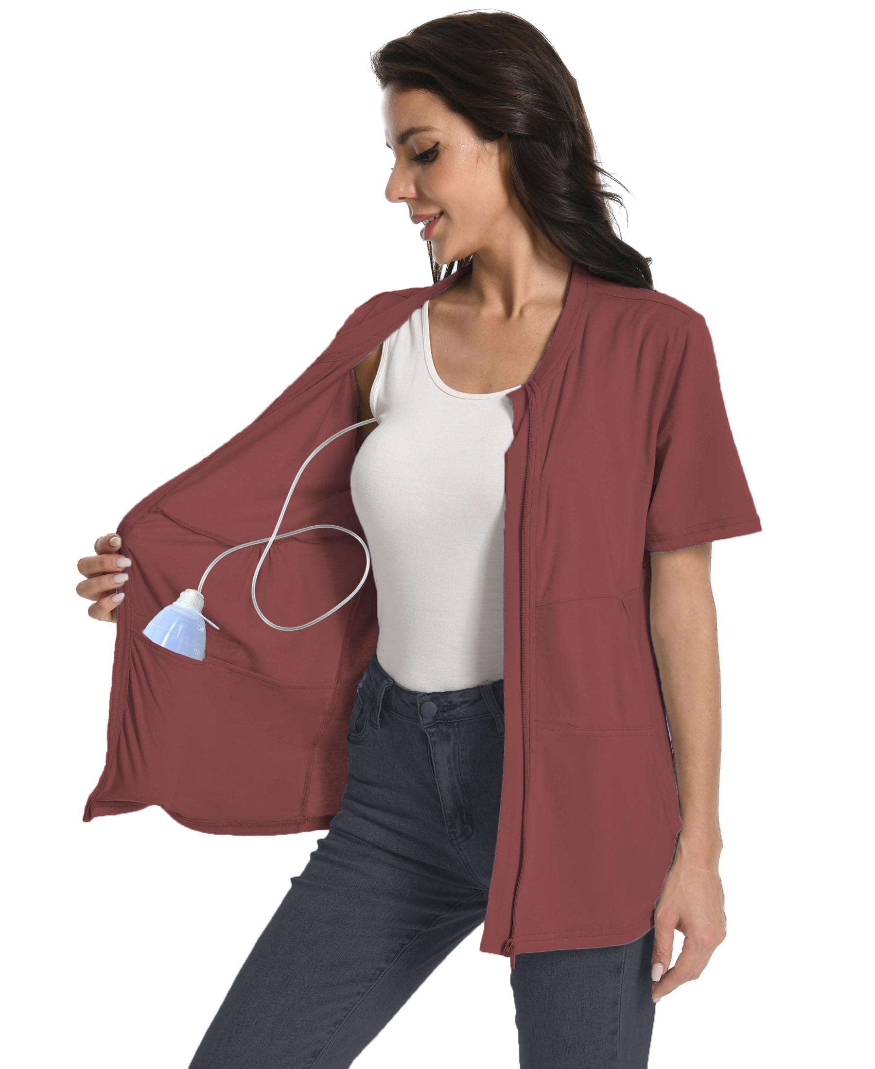 Mastectomy Shirt with Drain Pockets Breast Mastectomy Recovery Supplies Nephrostomy Drain Bag Tummy Tuck Must Haves Clothing Comfy Post OP Camisoles After Mastectomy Short Sleeve Shirts Wine Red