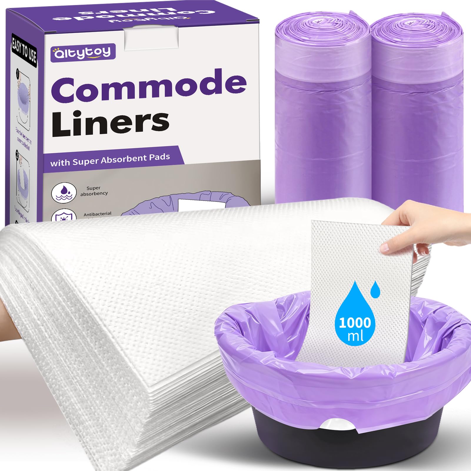 Commode Liners with Absorbent Pads,60 Commode Bags+60 Powerful Absorbent Pads,Scented Portable Toilet Bags Potty Chair Liners Fits All Bedside Potty Chair,Bedpan,Bucket,Leak-Proof &Odor-Free,No Mess