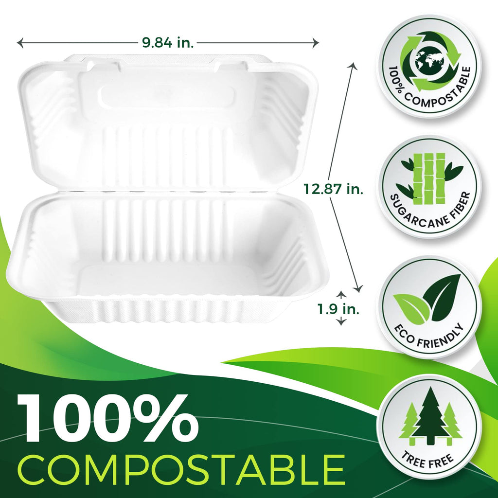 BIRCHIO 75 Pack 9”x6” Take Out Containers with Lids, EXTRA Sturdy To Go Food Containers, 100% Compostable Clamshell Take Out Containers, To Go Boxes for Food