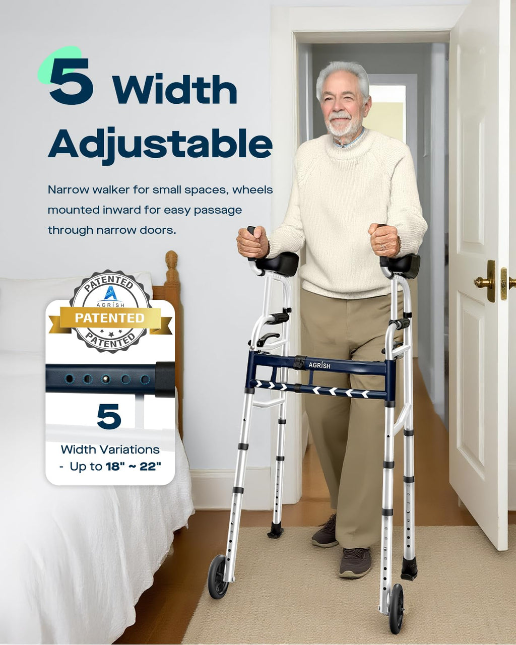 Narrow Walker Folding Upright Walker - with Removable Armrests, 450LBS Heavy Duty, Width & Height Adjustable Narrow Walkers for Seniors, Disabled, Bariatric