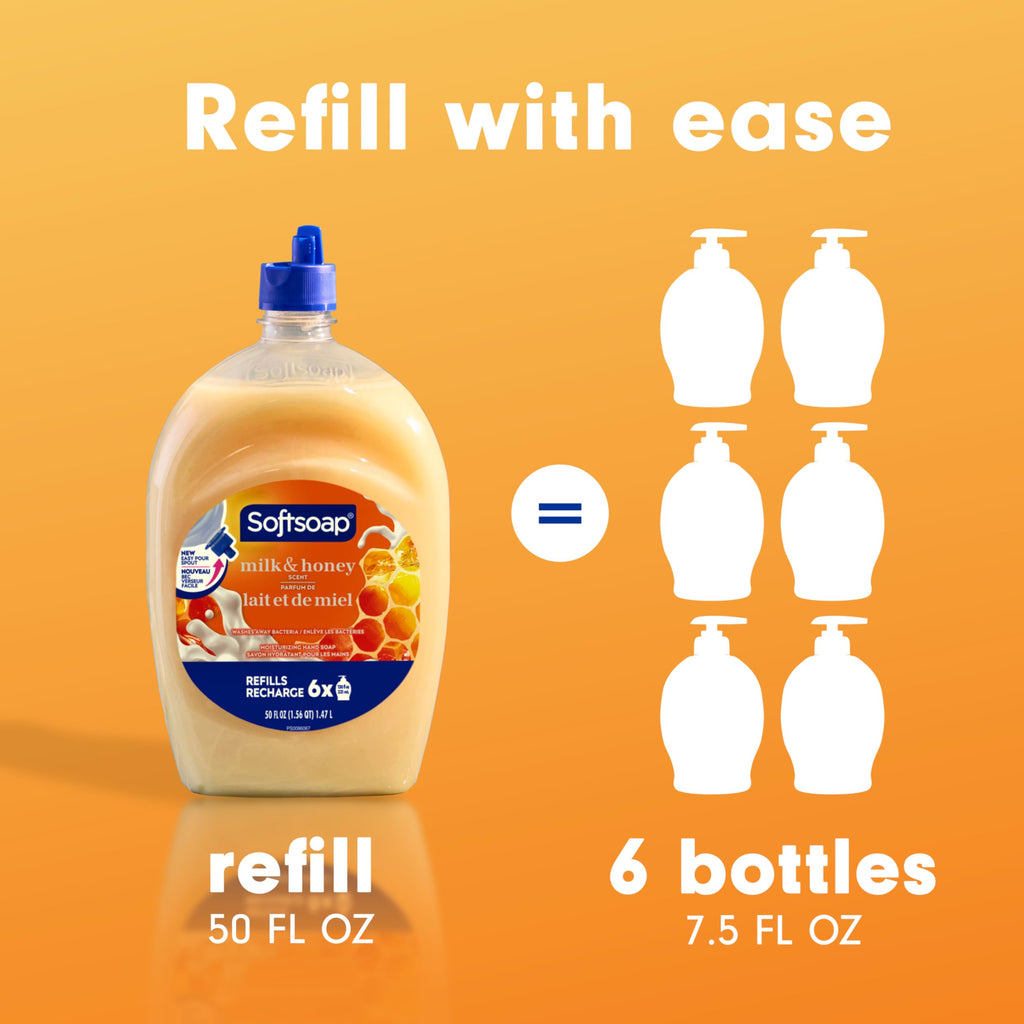 Softsoap Hand Soap Refill, Milk and Honey, Bathroom Hand Soap in Bulk, Premium Scented Liquid Hand Soap, 300 Fluid Ounces Total (50oz Bottle, Case of 6 Bottles)