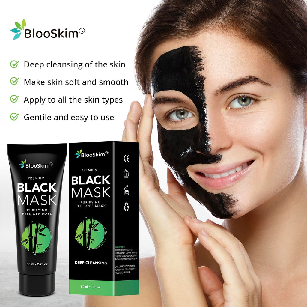 Blooskim Black Peel Off Face Mask – Charcoal Peel Off Face Mask for Oily & Combination Skin – Helps Remove Excess Oil & Lift Away Surface Impurities – Refreshing Botanical Formula, 2.8 fl oz - 2Packs