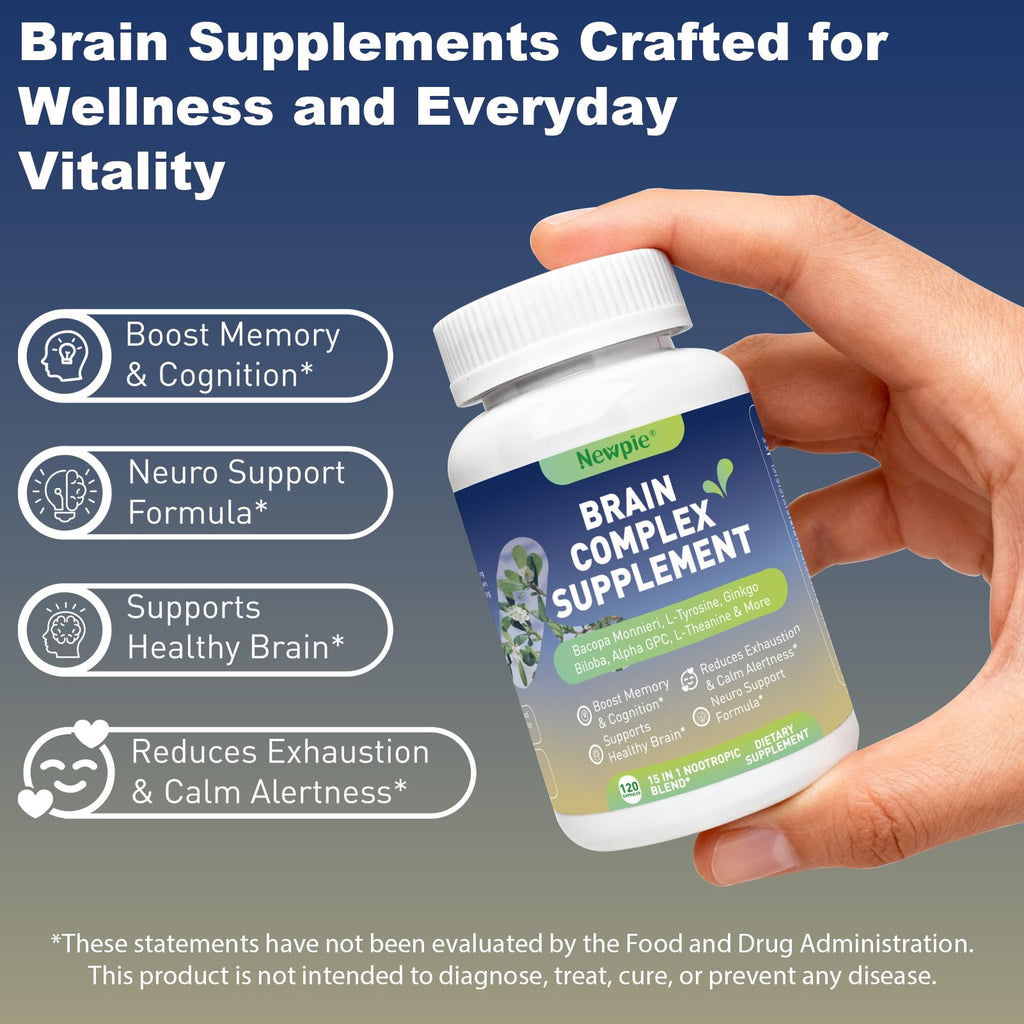Newpie Brain Supplements for Memory & Focus,15 in 1 Brain Supplement Nootropic with Bacopa Monnieri,Alpha GPC, Ginkgo Biloba,Lion's Mane for Mental Clarity & Concentration 120 Caps (2)