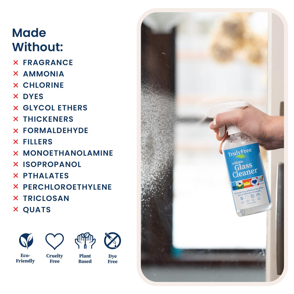 Truly Free Natural Glass Cleaner - Removes Dirt & Debris for Sparkling Clean Windows & Glass Surfaces at Home, Office & Garage, Includes: 1 Refillable Empty Bottle (16oz) & 2 Refills (3oz ea)