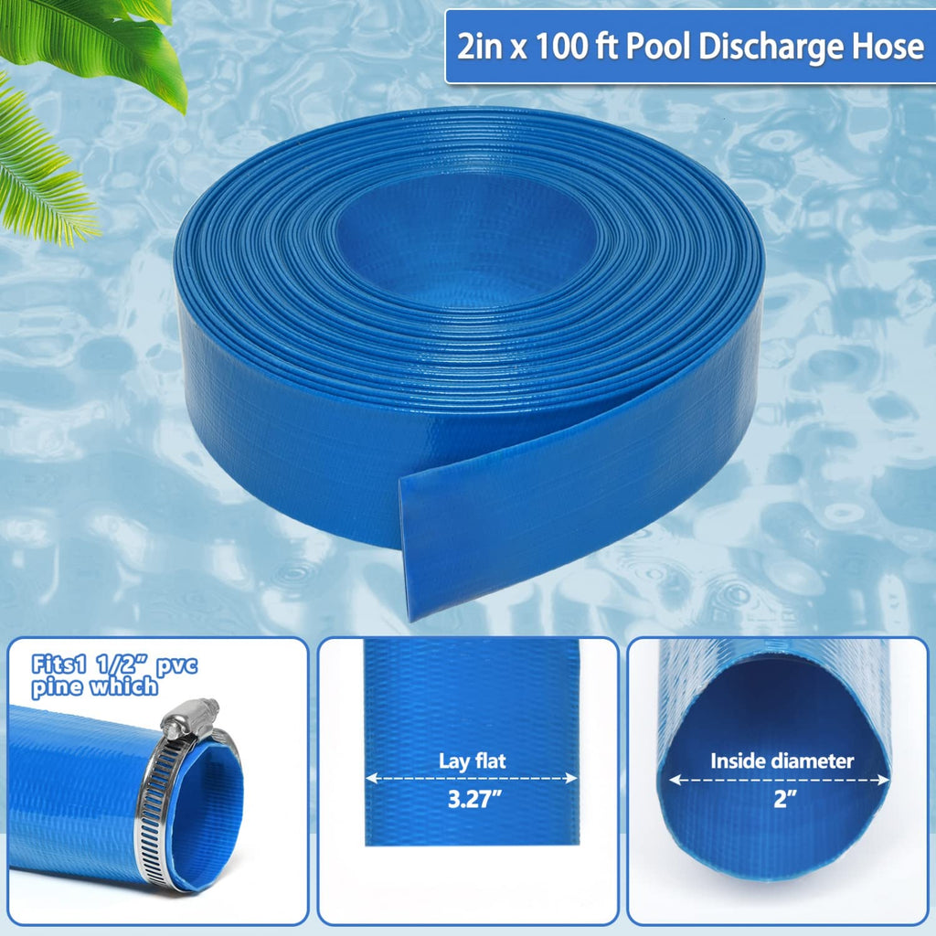 Gonioa 2 inches x 100 FT Heavy-Duty PVC Swimming Pool Backwash Hose, Reinforced Discharge Hose with Clamp for Swimming Pools, Blue