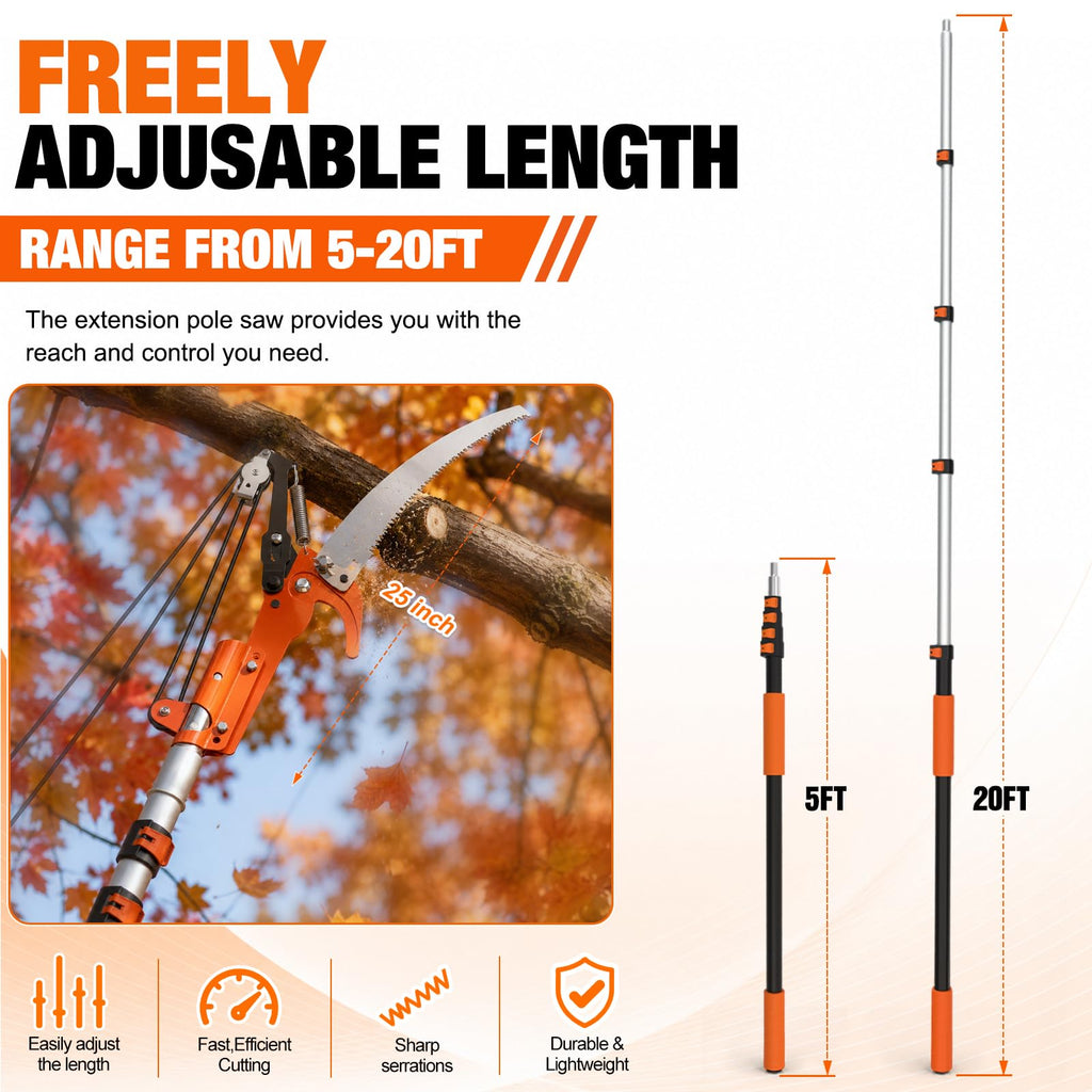 LAANPOLE 26FT Reach Tree Trimmer, Manual Pole Saw with 5-20FT Extension Pole, Tree Pruner Extendable for High Tree Branch Trimming Pruning Cutting