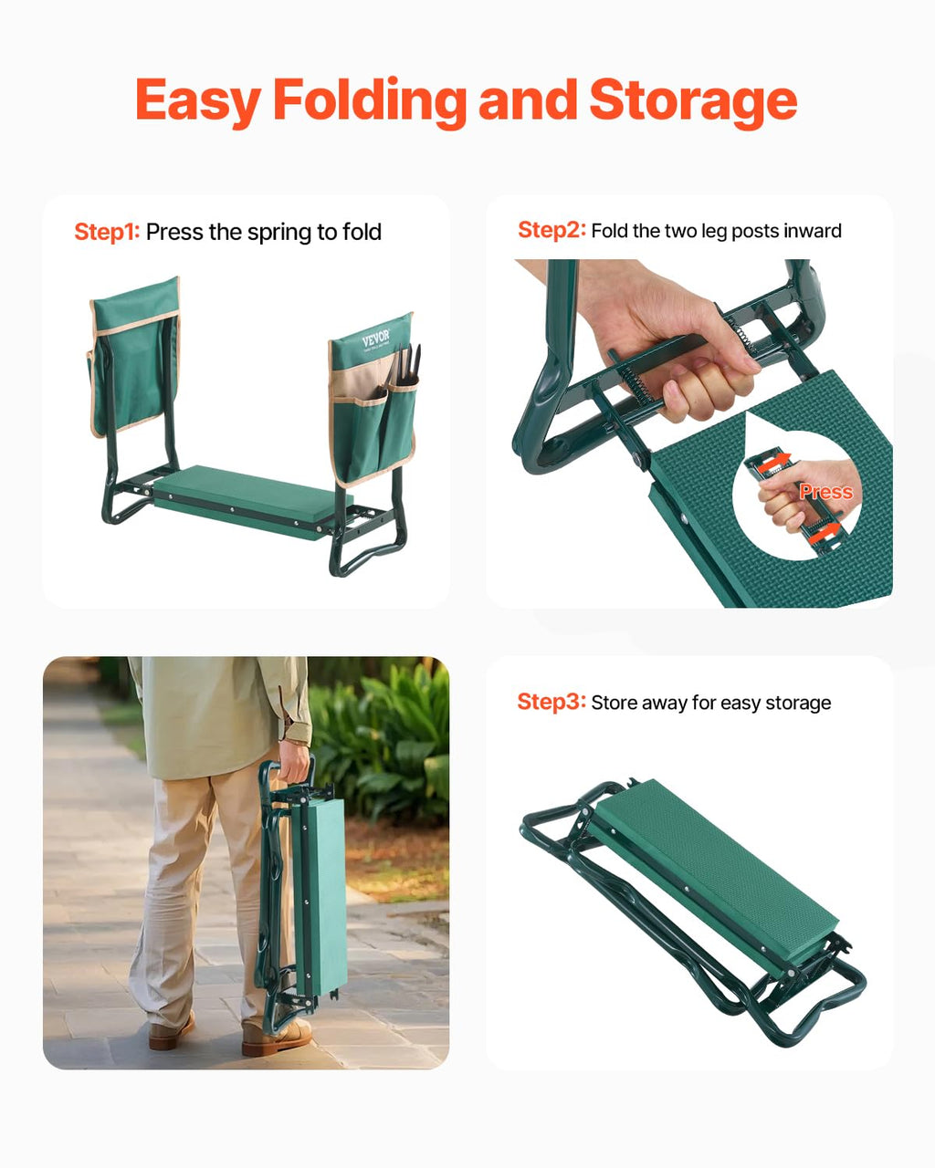 VEVOR Garden Kneeler and Seat Heavy Duty, Portable Garden Stool with 6'' EVA Kneeling Pad and 2 Tool Bags, Folding Garden Bench to Relieve Knee & Back Pain, Great Gifts for Seniors, Family Gardeners