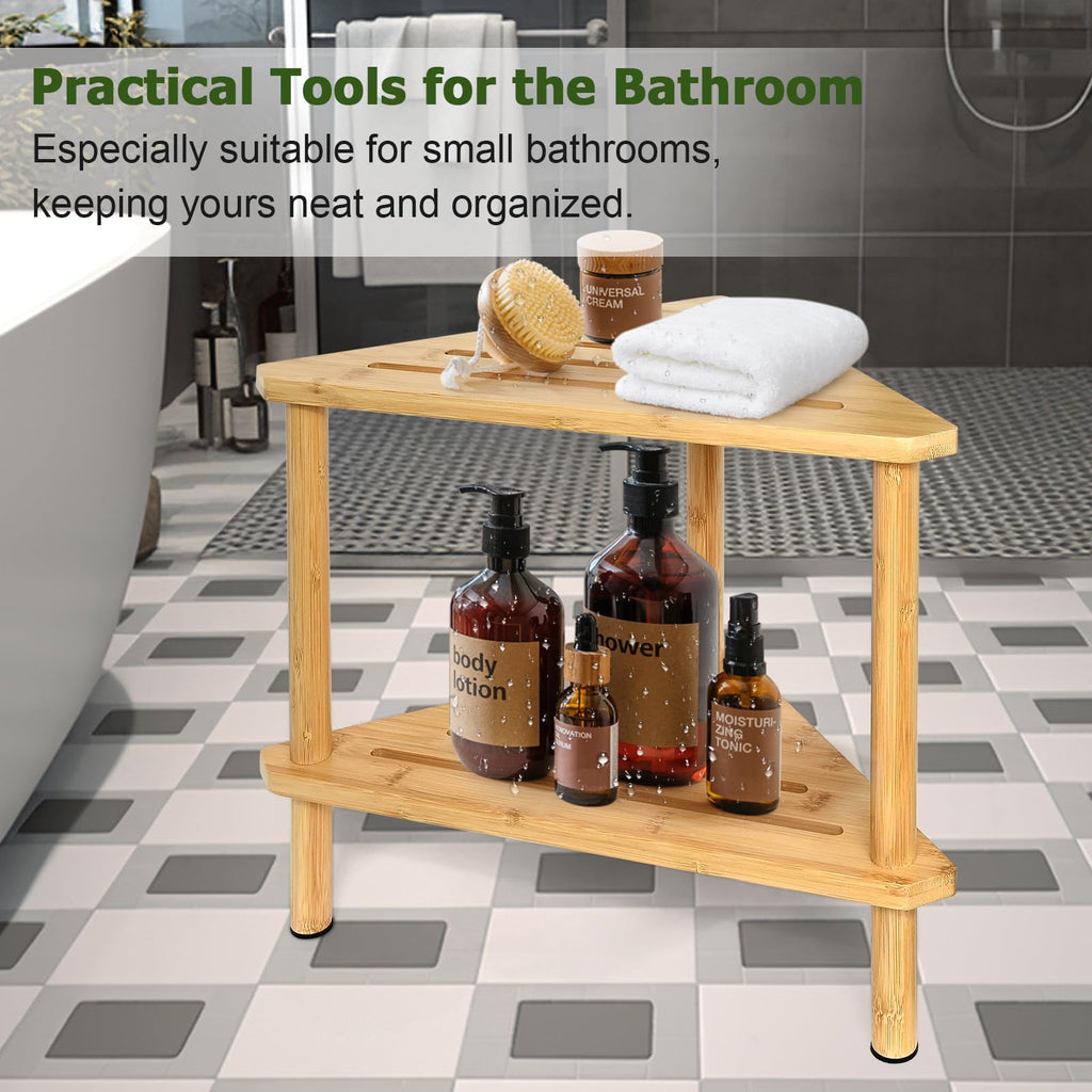Yoshiky Shower Foot Rest 15in, Shower Stool for Shaving Legs, Waterproof Wood Corner Shower Stool with Storage Shelf for Inside Small Shower Spaces, Bamboo