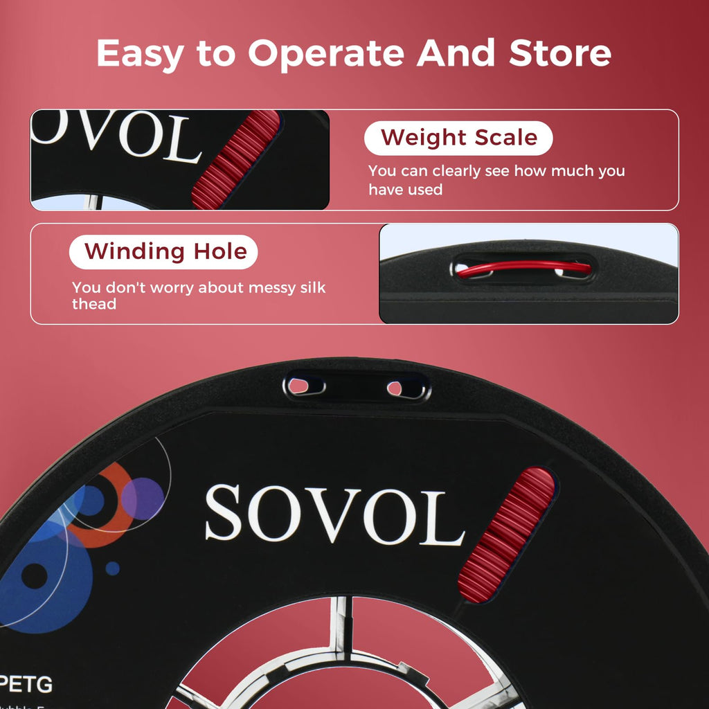 Sovol 3D Printer PETG Filament 1.75mm 1KG (2.2lbs), High Precision, Strong Toughness, Wiring Tightness, Dimensional Accuracy +/- 0.03 mm, 3D Printing PETG Filaments, Red