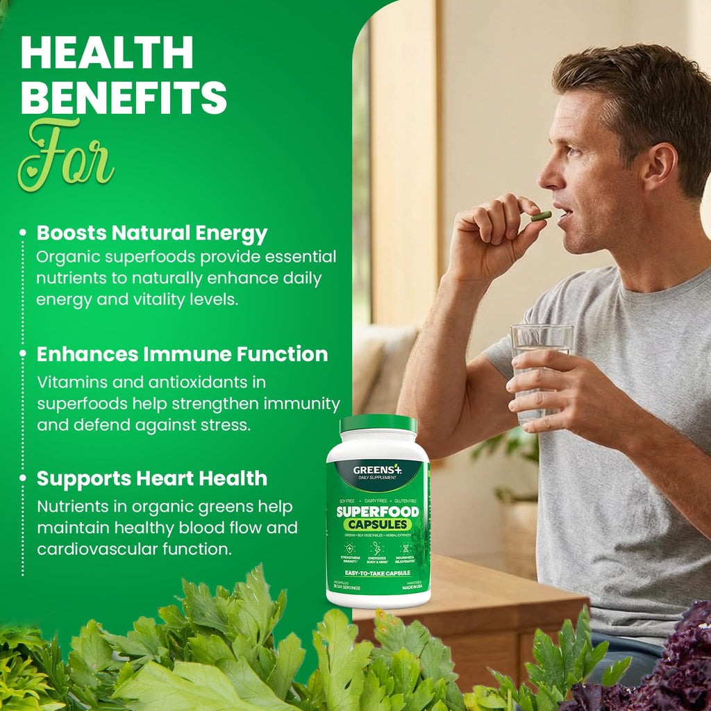 Greens+ Organic Superfood Capsules, Organic Spirulina and Chlorella, with Alfalfa & Wheat Grass, Vitamins & Minerals Supplements, Gluten-Free, Vegan, Non-GMO, 240 Count
