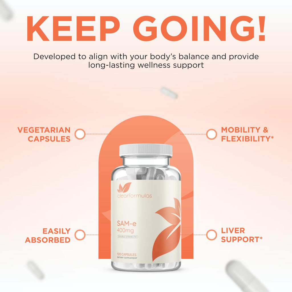Clear Formulas Bioactive SAM-e 400mg - High Strength SAM-e Supplement with Biologically Active S,S Form for Liver and Mood Support - Vegan Non-GMO Preservative Free - Made in The US (120 Servings)