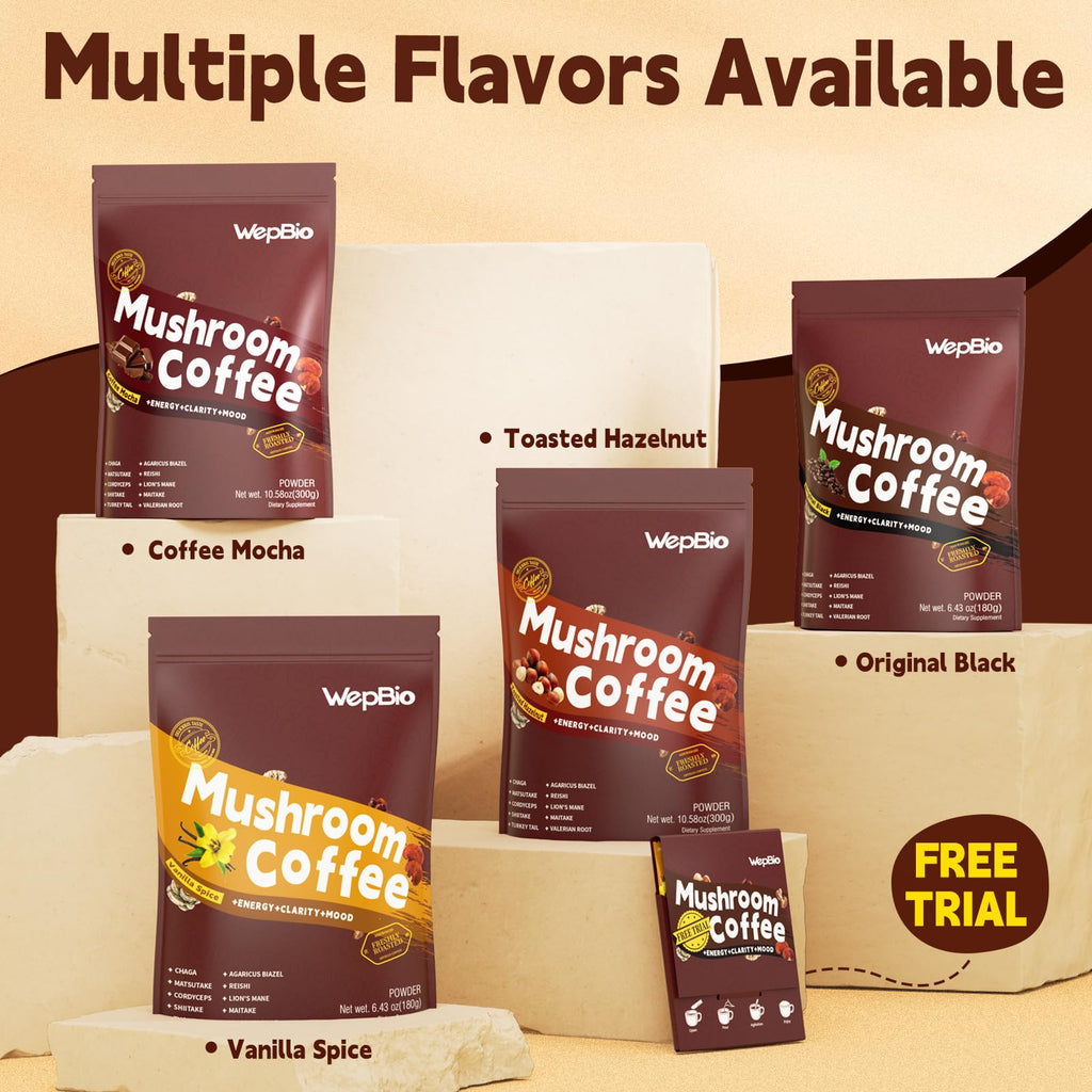 WepBio Mushroom Coffee Original Black 11 in 1 Adaptogenic Mushrooms Blend with Ashwagandha KSM-66,Lions Mane,Reishi,Turkey Tail Instant Mushroom Coffee for Boost Energy, Focus 30 Servings