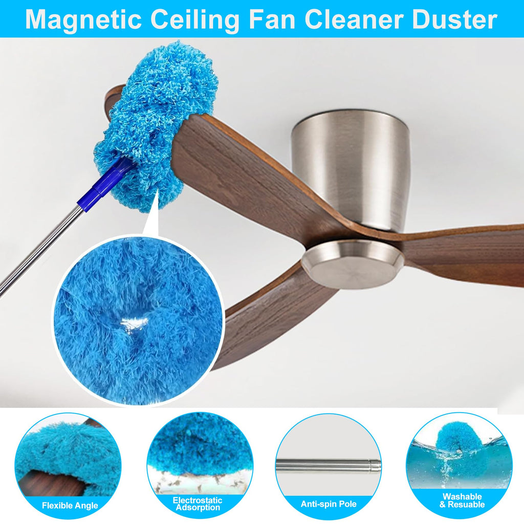 Tiumso Ceiling Fan Cleaner Dusters for Cleaning 6-in-1 Kit, Cobweb Duster with Extension Pole, 100 Inches High Ceiling Fan Blade Cleaners with 5 Reuseable Dusting Heads for Windows and Blinds- Blue