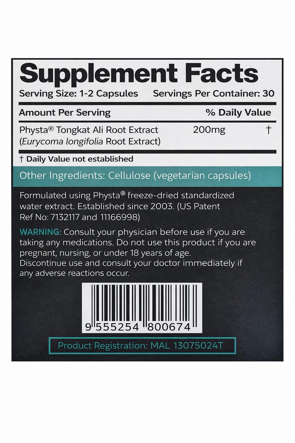AKARALI Pure Tongkat Ali Longjack 200:1 Highly Concentrated 1.5% Eurycomanone US Patented Physta® Freeze-Dried Extraction Technology Supports Strength, Energy and Performance (30 Count)