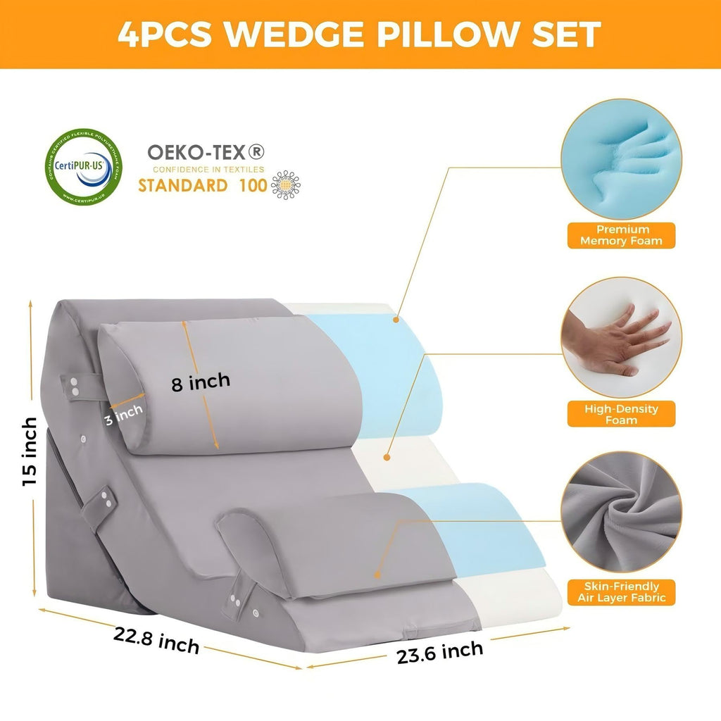 Ruqmuis 4PCS Wedge Pillow Set for After Surgery, Adjustable Back Pillow for Bed Sitting up, Acid Reflux, Bed Wedge Pillow Headboard for Sleeping&Snoring, Orthopedic Pillow for Post Surgery, Plush Grey