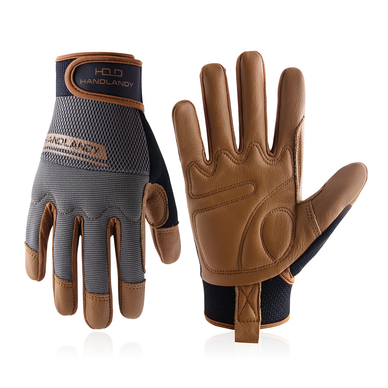 HANDLANDY Leather Work Gloves Mens & Women, Utility Safety Mechanic Working Gloves Touch Screen, Flexible Breathable Yard Work Gloves (XL, Brown-Cowhide Palm)