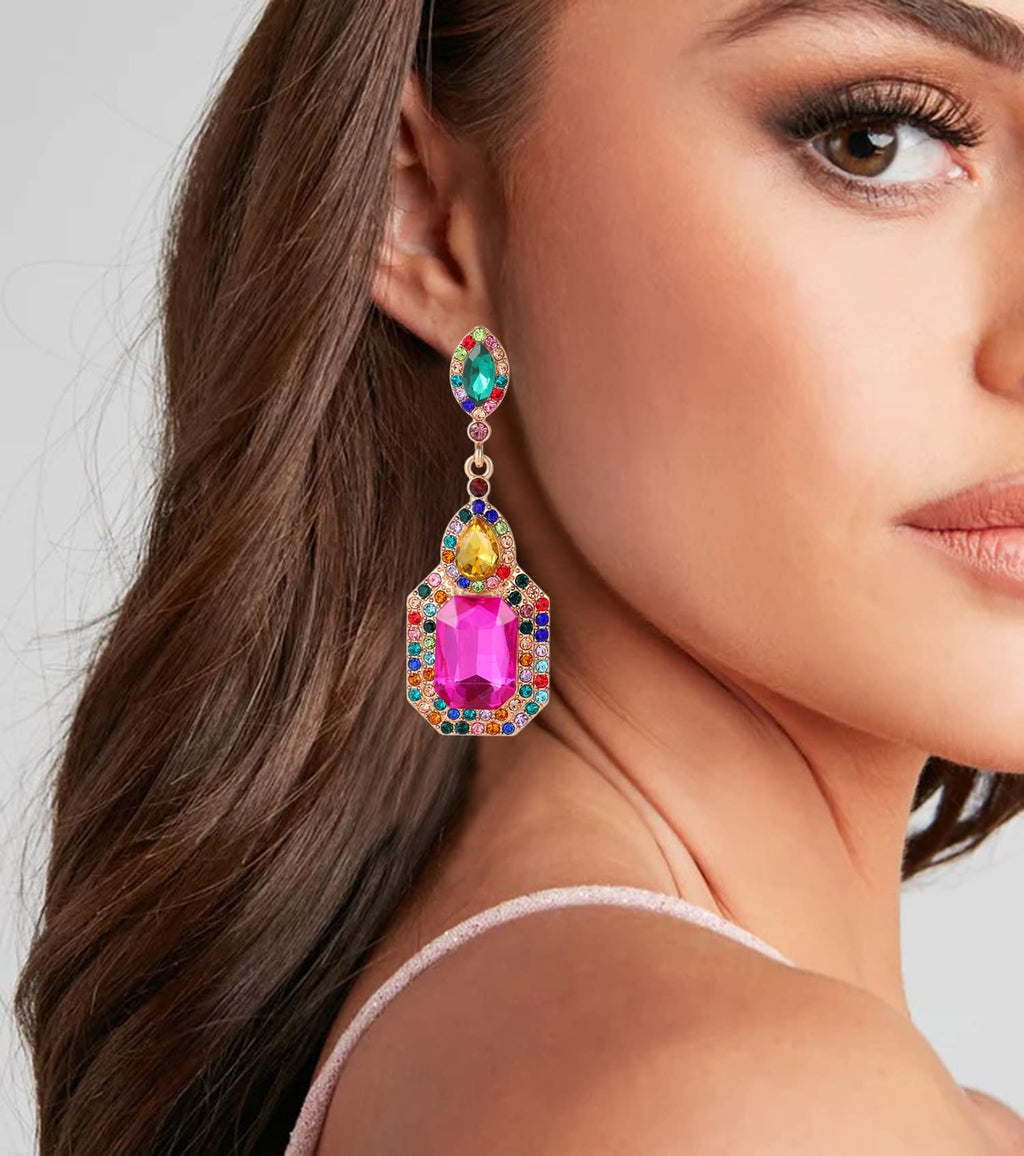 Colorful Statement Earrings for Women, Rhinestone Dangle Drop Earrings