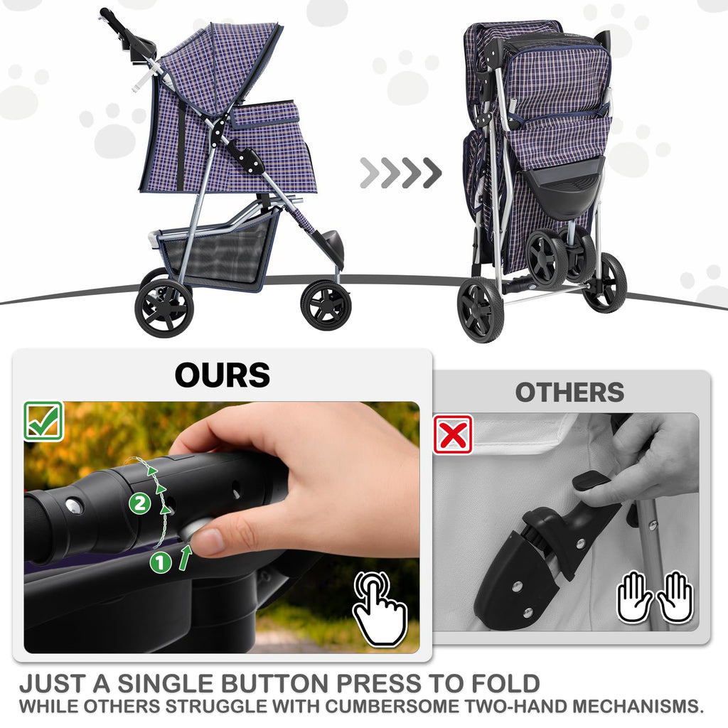 MoNiBloom 3 Wheels Pet Dog Cat Stroller for Small Medium Dogs Cats, Lightweight Foldable Jogger Stroller w/Storage Basket and Cup Holder, Plaid