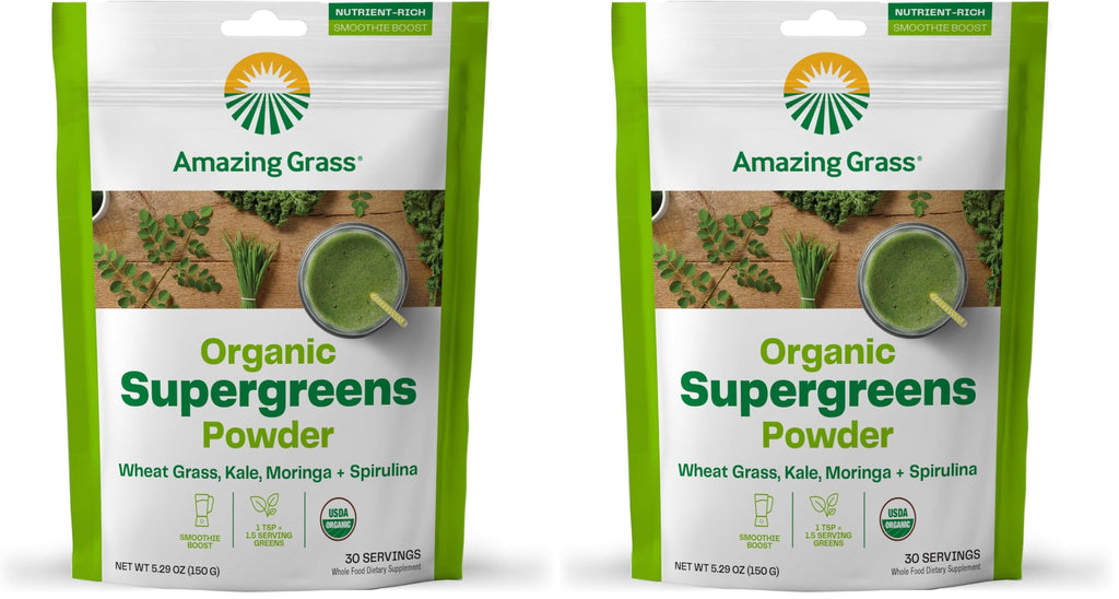 Amazing Grass Super Greens Booster: Greens Powder Smoothie Mix with Spirulina,Moringa,Wheat Grass & Kale Smoothie Booster,Chlorophyll Providing-Greens,30 Servings,(Pack of 2)