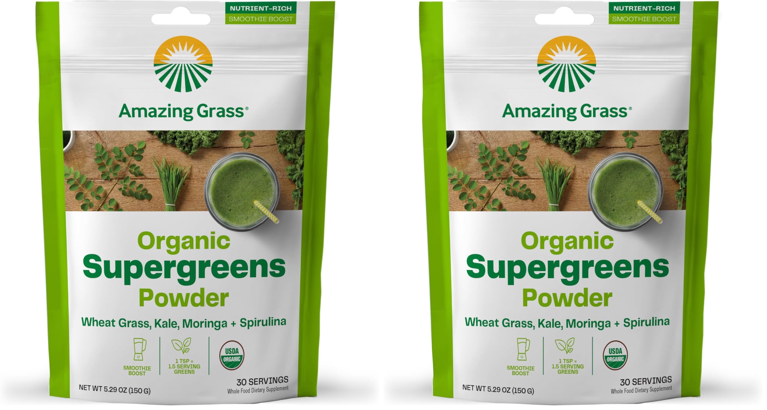 Amazing Grass Super Greens Booster: Greens Powder Smoothie Mix with Spirulina,Moringa,Wheat Grass & Kale Smoothie Booster,Chlorophyll Providing-Greens,30 Servings,(Pack of 2)