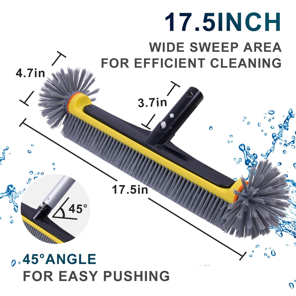 POOLAZA Pool Brush Head with Round Ends, Heavy Duty Pool Brushes for Cleaning Pool Walls, Floors Steps & Corners, 17.5" Pool Brush with Sturdy Aluminum Handle & Durable Nylon Bristles (Yellow)