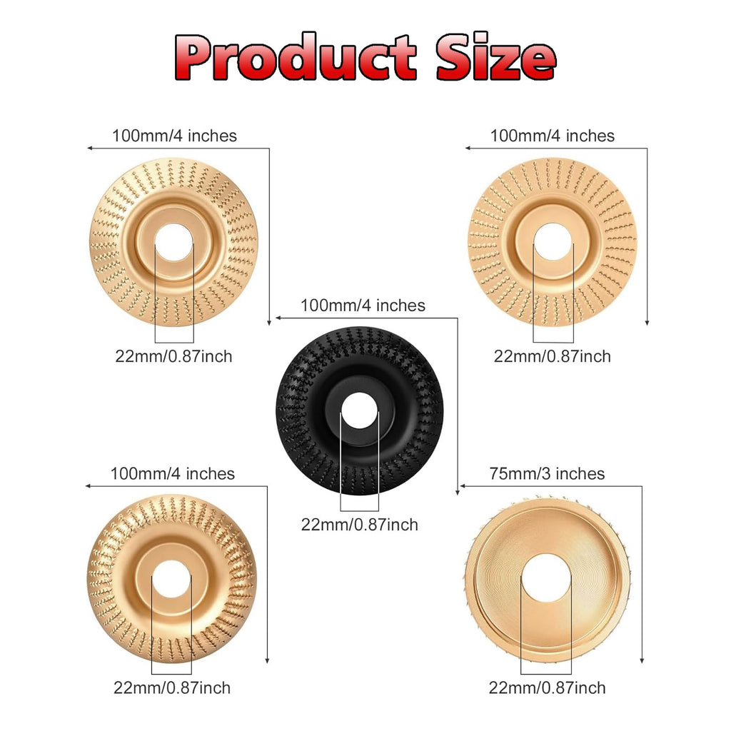 5PCs Angle Grinder Wood Carving Grinding Disc Set | 4" or 4 1/2" Wood Shaping Wheels for Stump Grinders | 5/8 inch Arbor | High-Speed Wood Grinding & Polishing Accessory Kit