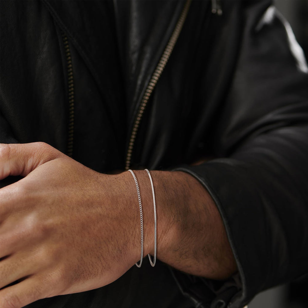 Silver Bracelets for Men, Stackable Fashion Cuban Snake Chain Set, 7 Inch