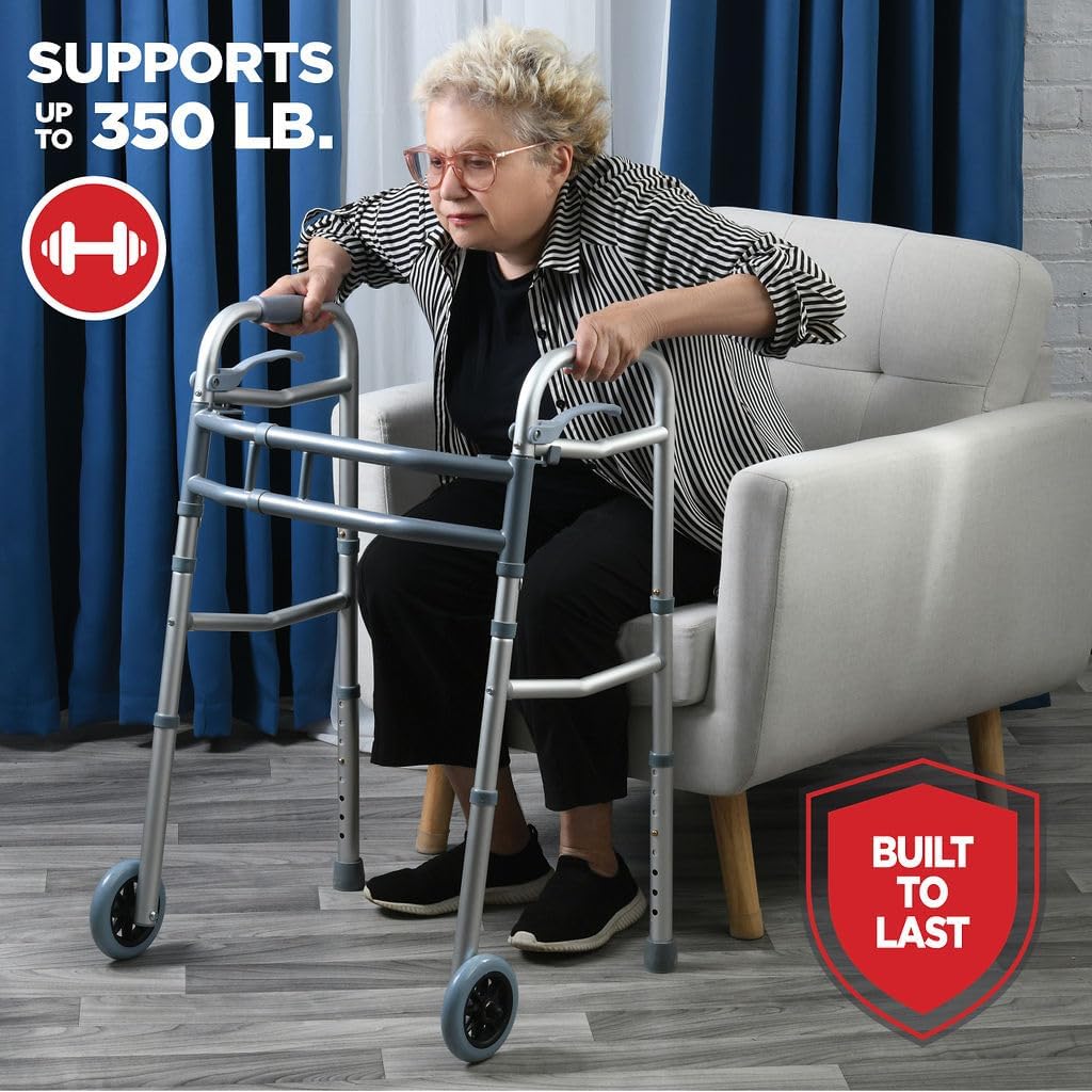 Medical king Walkers for Seniors Aluminum Lightweight Walker with Wheels, Adjustable Width and Height, Folding Walker for Elderly, Handicapped, Disabled 2 Wheels in Front