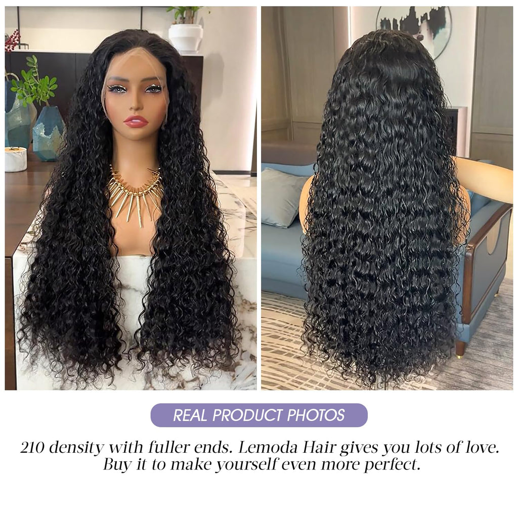 Lemoda 13x6 Full Lace Frontal Virgin Human Hair Wigs 210% Water Wave 13x6 HD Full Lace Frontal Wigs 26Inch Deep Wave Human Hair Wig Wet and Wavy Wig Pre Plucked With Natural Hairline