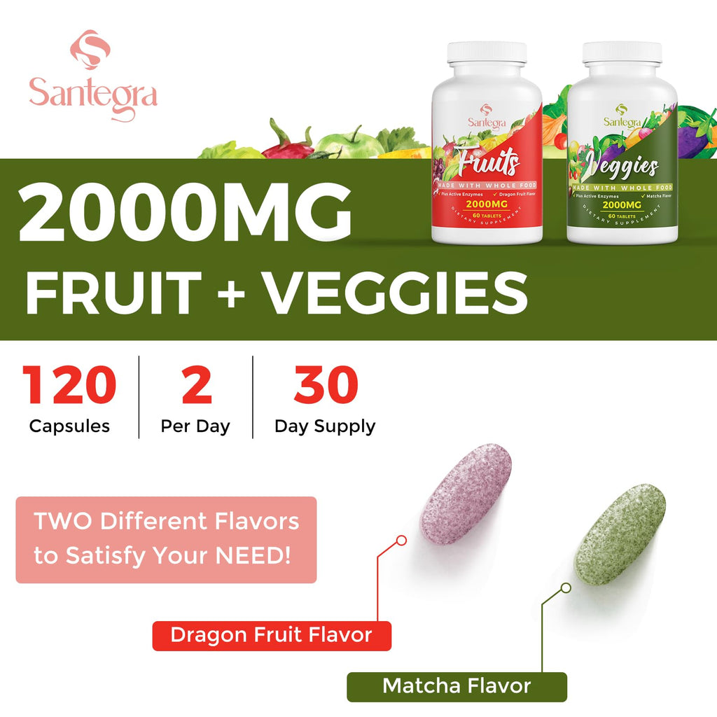 Santegra 2000 MG Fruit and Veggies Supplement, 35+ Fruits and Vegetables for Daily Variety, 100% Whole Food Superfoods, Natural Vitamins for Women & Men, Sugar-Free, Gluten-Free, Vegan, 120 Tablets