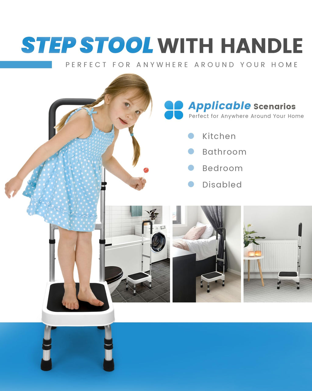 Sangohe Step Stool with Handle for Elderly, Aluminum Step Stools for Adults, Step Stool for Bed, Step Stool with Adjustable Handle and Legs, 275LBS Weight Capacity, 503A