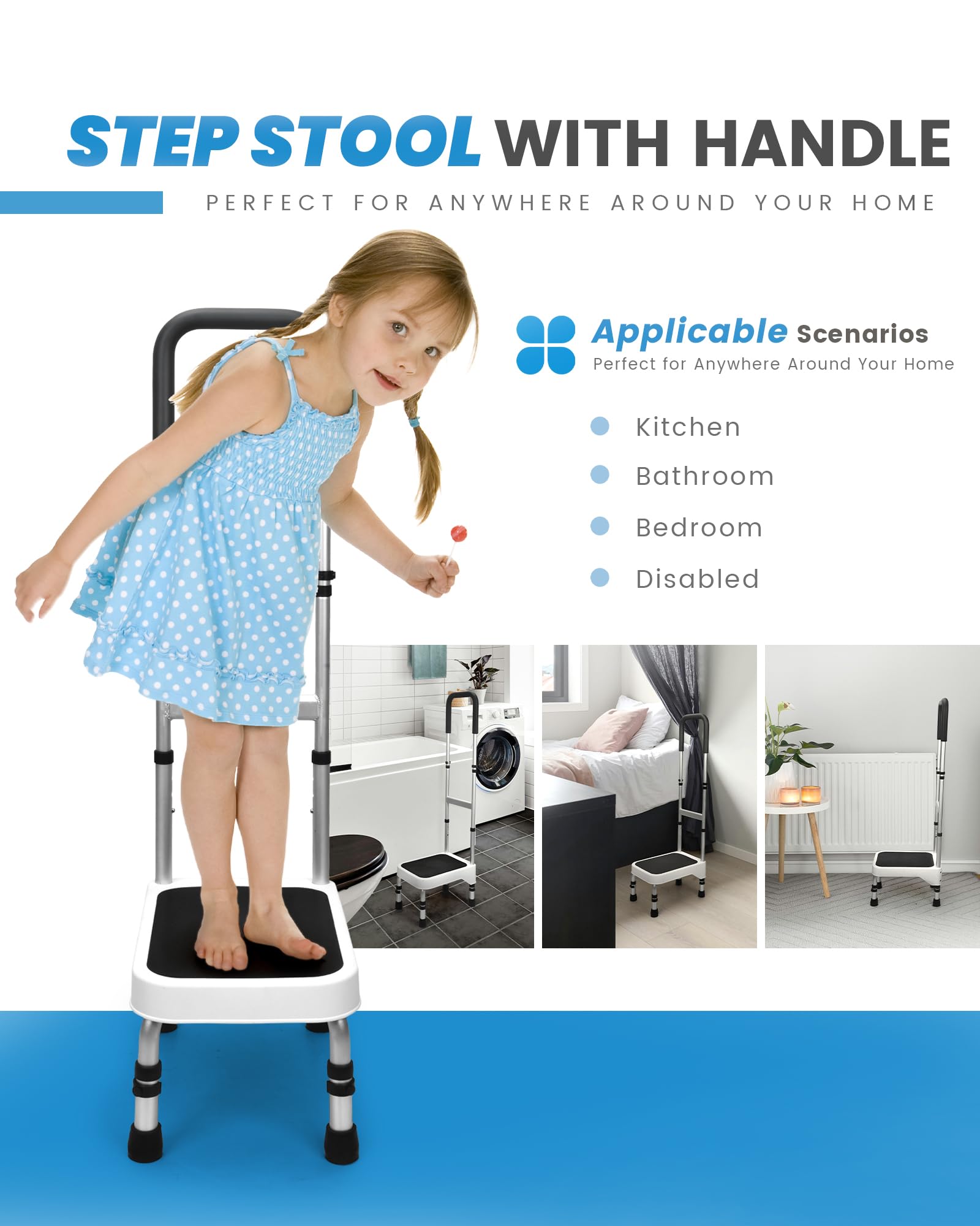 Sangohe Step Stool with Handle for Elderly, Aluminum Step Stools for Adults, Step Stool for Bed, Step Stool with Adjustable Handle and Legs, 275LBS Weight Capacity, 503A