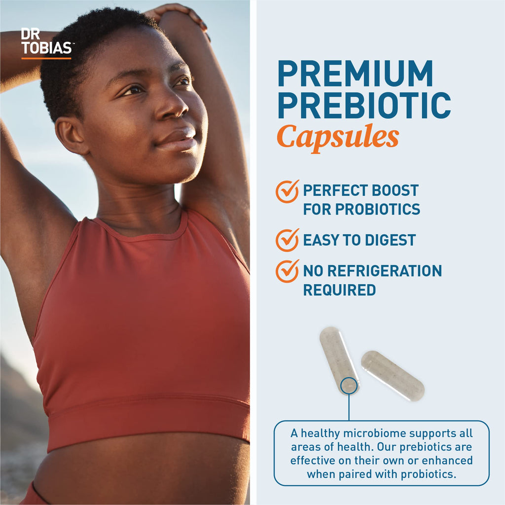 Dr. Tobias Prebiotics Digestive Support, Advanced Prebiotic Supplement for Gut Health, Immune Function & Boost for Probiotics for Women & Men, Vegan, Non-GMO, 90 Capsules, 90 Servings