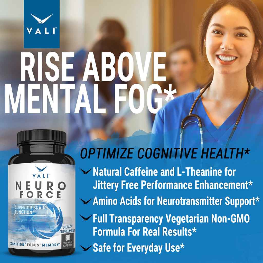 VALI Neuro Force Brain Booster Supplement for Focus, Memory, Clarity & Energy. Extra Strength Nootropic Cognitive Function Support for Mental Performance. with Natural Caffeine. 60 Veggie Capsules