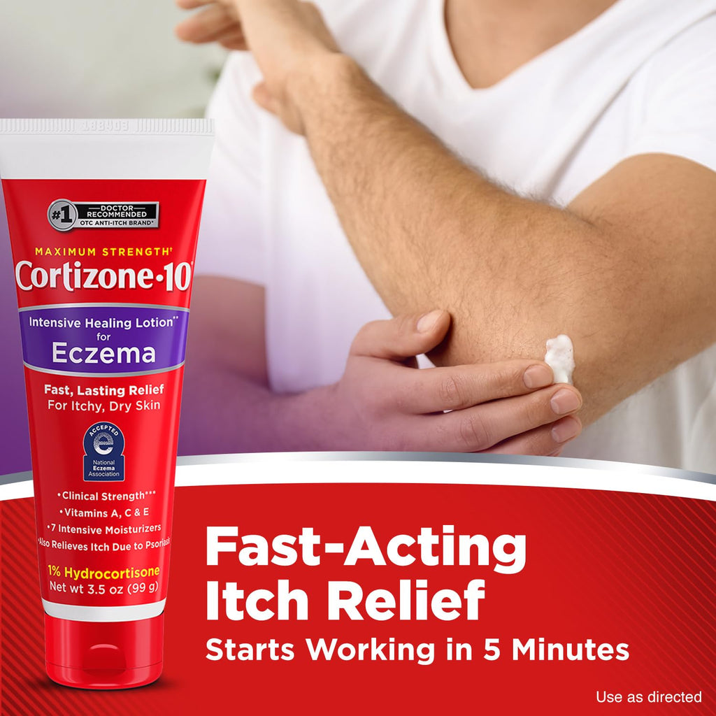 Cortizone-10 Maximum Strength Intensive Healing Itch Relief Lotion for Eczema, 1% Hydrocortisone, Fast-Acting, Anti-Itch Cream for Minor Skin Irritations, Rashes and Inflammation Due to Eczema, 3.5 oz