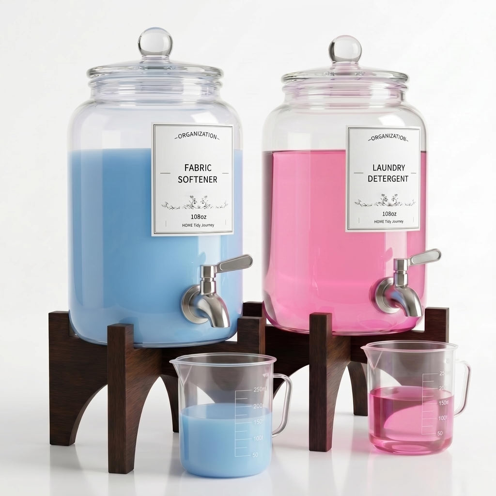 Glass Laundry Detergent Dispenser, 108oz (2 Pack) with Stainless Steel Faucet & Solid Wood Stand - Liquid Soap & Fabric Softener Container for Laundry Room Organization & Storage
