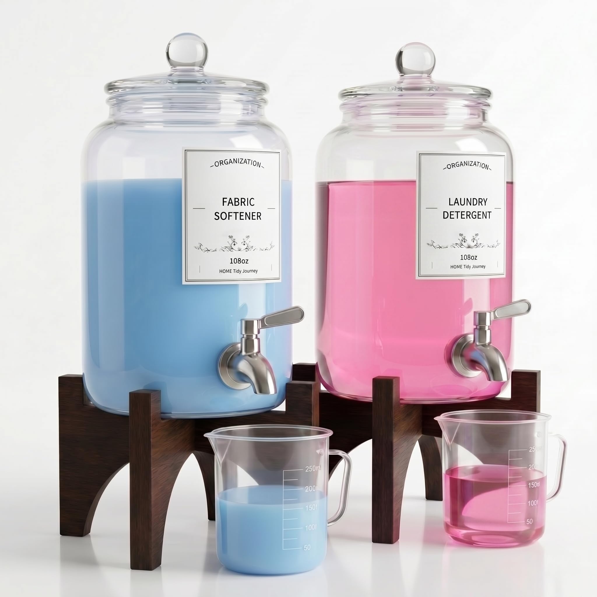 Glass Laundry Detergent Dispenser, 108oz (2 Pack) with Stainless Steel Faucet & Solid Wood Stand - Liquid Soap & Fabric Softener Container for Laundry Room Organization & Storage