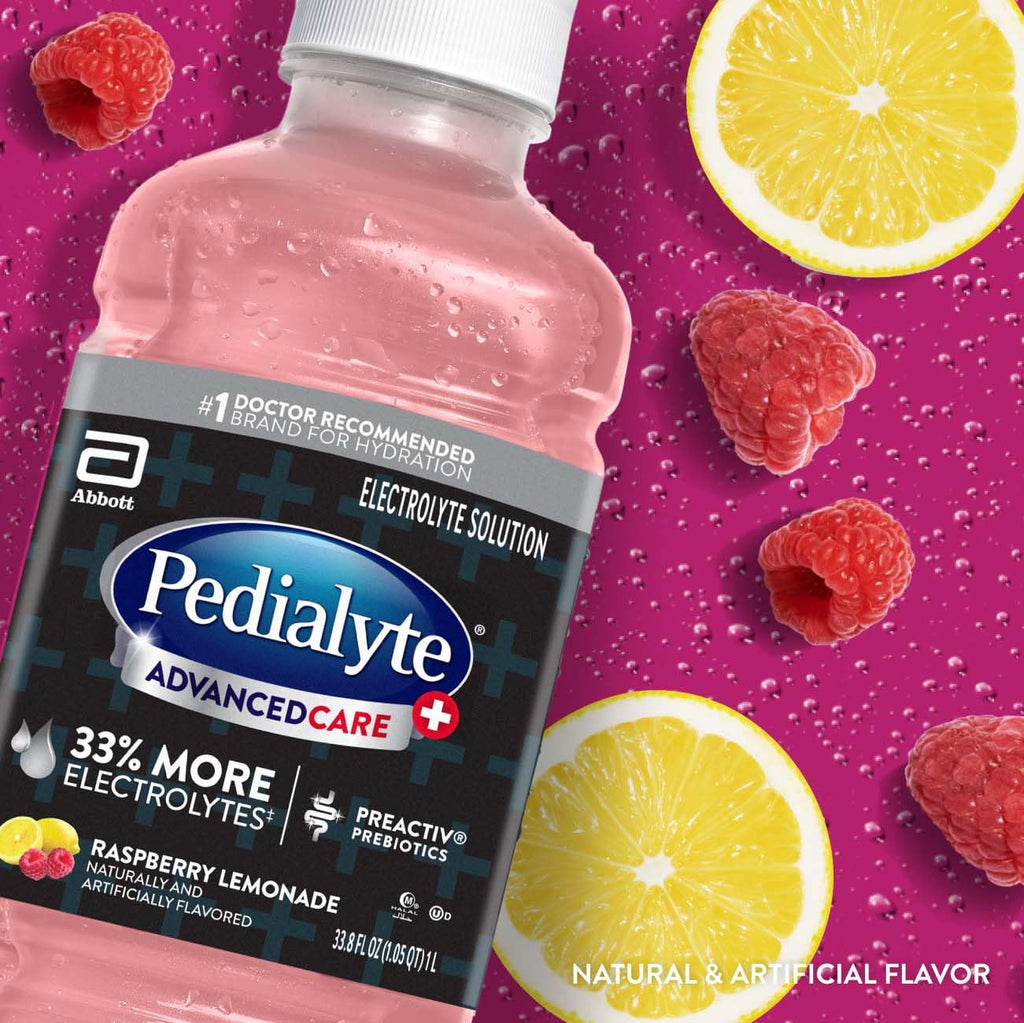 Pedialyte AdvancedCare Plus Electrolyte Hydration Drink | Has 33% More Electrolytes and Has PreActiv Prebiotics | Raspberry Lemonade | 1 Liter, Pack of 4