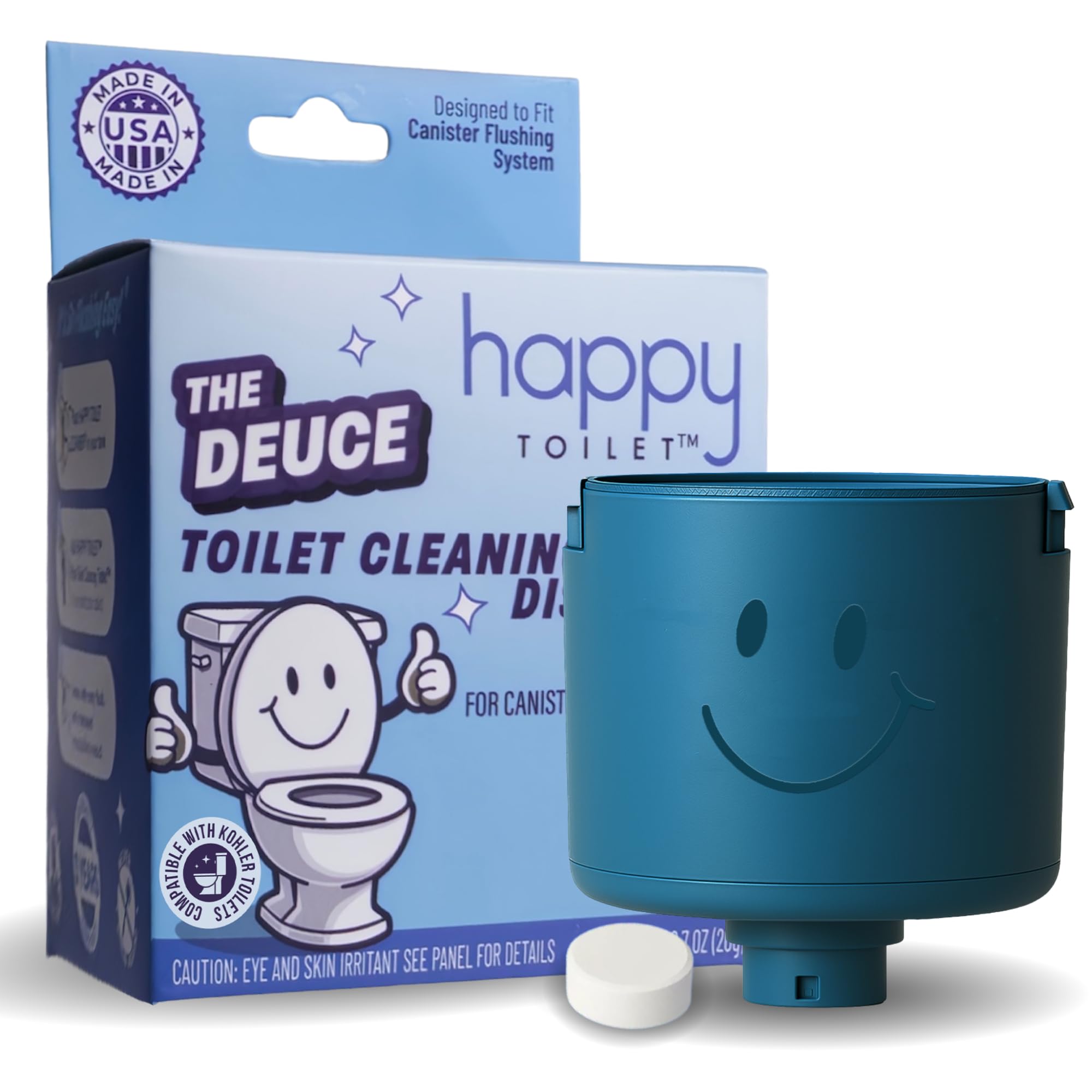 Happy Toilet Cleaner Deuce - Compatible w Kohler Toilets & Canister Flushing Systems - Automatic Toilet Bowl Cleaner - Easy to Install Toilet Tablet Holder, Self-Cleaning Toilet System