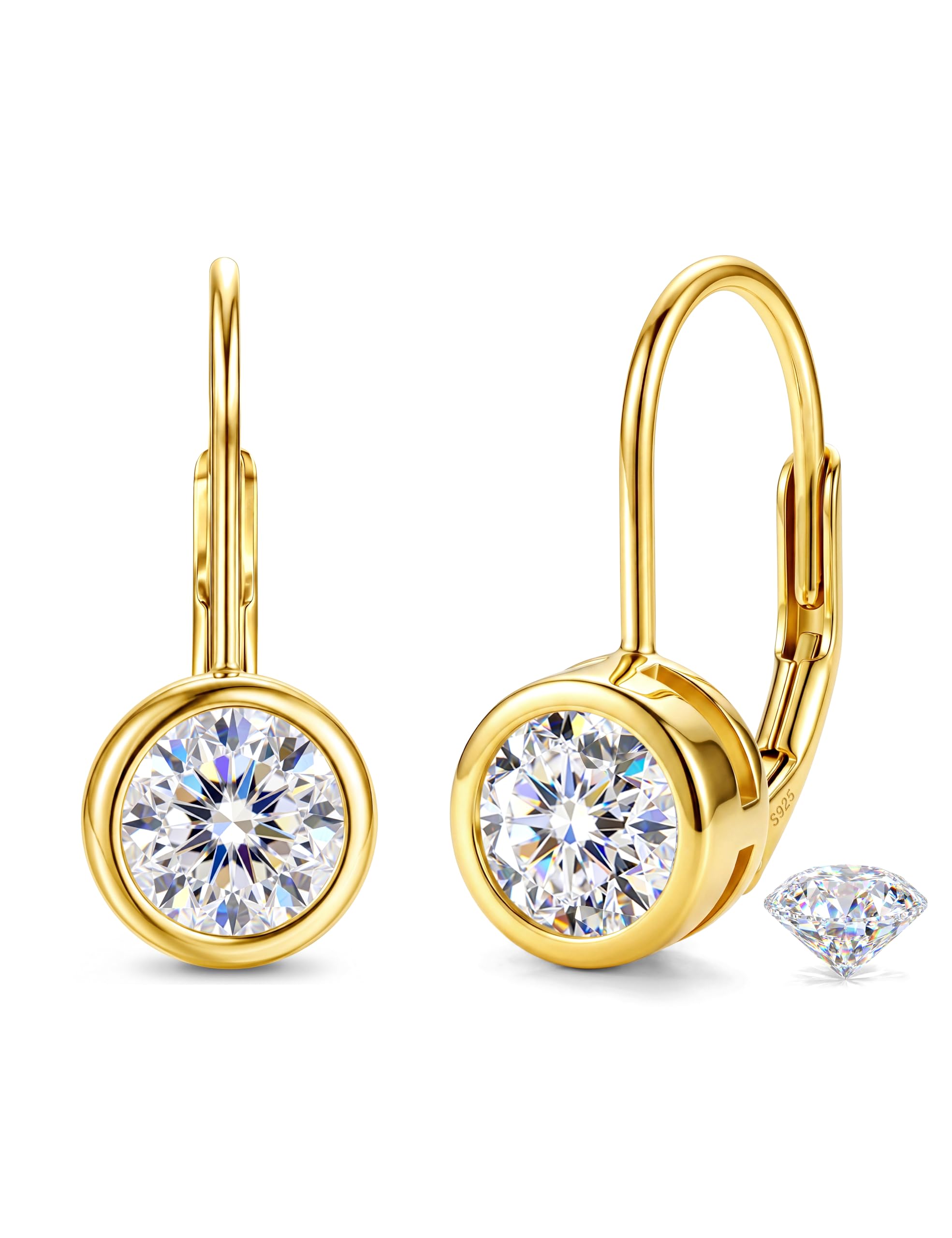 GEMQUEEN Moissanite Earrings 925 Sterling Silver Leverback Earrings 1.2CT