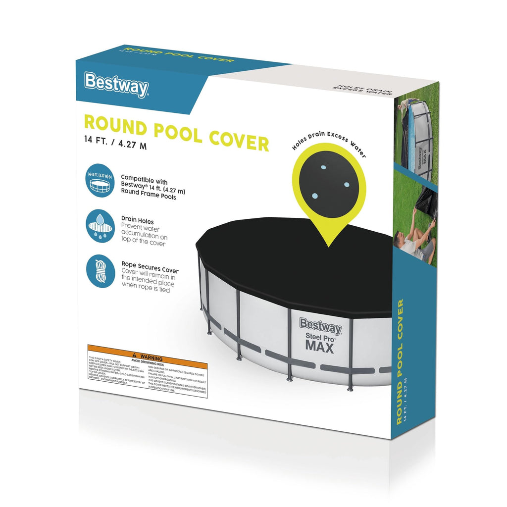 Bestway Flowclear PVC Round 14 Foot Pool Cover for Above Ground Frame Pools with Drain Holes and Secure Tie-Down Ropes, Black (Cover Only)