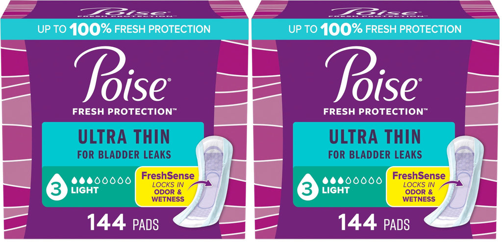 Poise Ultra Thin Incontinence Pads & Postpartum Pads for Bladder Leaks, 3 Drop Light Absorbency, Regular Length, Packaging May Vary,144 Count (Pack of 2)