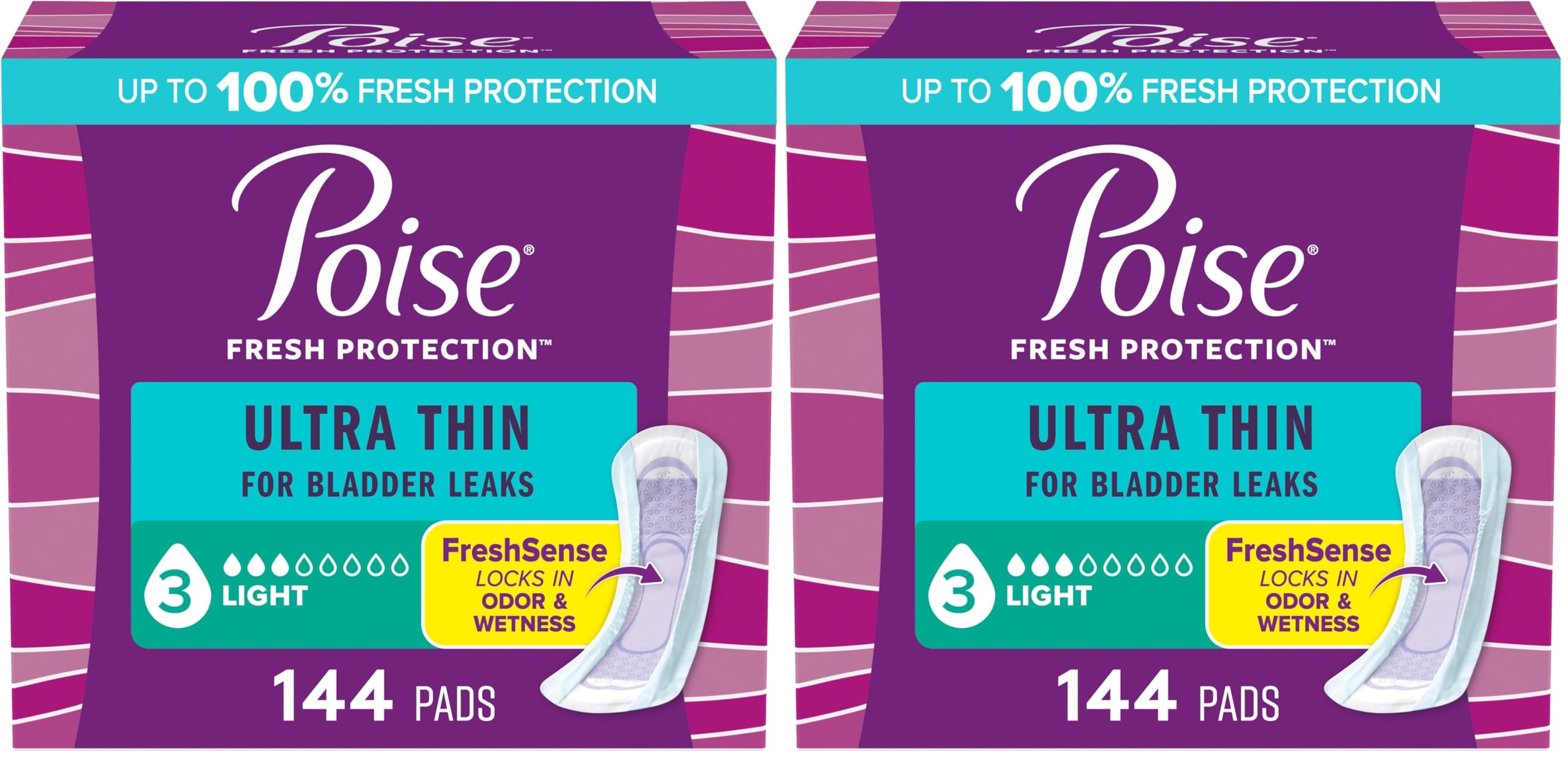 Poise Ultra Thin Incontinence Pads & Postpartum Pads for Bladder Leaks, 3 Drop Light Absorbency, Regular Length, Packaging May Vary,144 Count (Pack of 2)