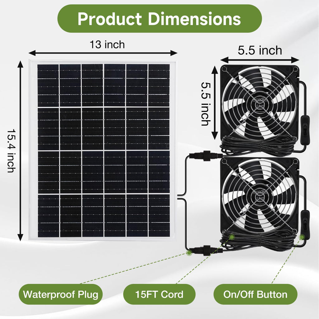 Roodike 5.5" Waterproofed Solar Powered 2 Fan Kits for Chicken Coop Shed
