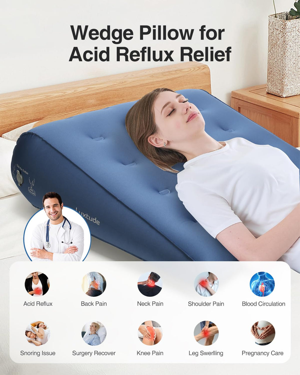 Luxtude Inflatable Wedge Pillow for Sleeping, Travel Wedge Pillow for Acid Reflux Relief, Sleep Apnea, Adjustable Bed Wedges Pillows for Back Pain Relief, Post-Surgery, Snoring and Leg Support