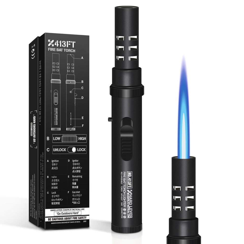 Camping Lighter, Torch Lighter, Windproof Jet Flame Butane Refillable Adjustable Flame with Safety Lock&Fule Guage for Campfires Kitchen Hiking Candles Fireplace BBQ Outdoor Camping Essentials(Black)